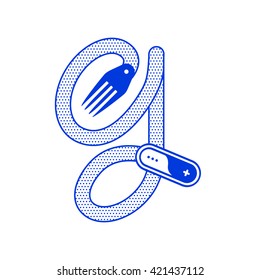 Letter G with fork in minimal outline design. Vector logo illustration for your application or restaurant