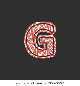 Letter G from fresh raw meat fish. Vector latin meat alphabet. Red meat salmon font for restaurants, butcher shop, farmers market, Salmon fillet marble texture, fish pattern. 