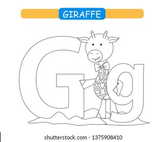 Letter G and funny cartoon giraffe. Coloring page. Animals alphabet a-z. Cute zoo alphabet in vector for kids learning English vocabulary. Printable sheet.