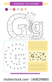 Letter G and funny cartoon giraffe. Animals alphabet a-z. Coloring page. Printable worksheet. Handwriting practice. Connect the dots.