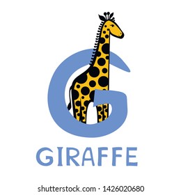 Letter G and giraffe. English alphabet with animals. Cartoon characters isolated on white background. Flat design. Zoo theme. Colorful vector illustration for kids. 