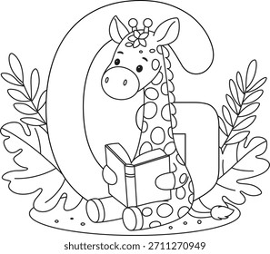 Letra G con una jirafa leyendo un libro para colorear. Divertida y educativa ilustración en blanco y negro para que los niños aprendan el alfabeto, practiquen la lectura y la escritura