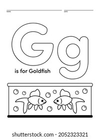 Letter G is for Goldfish Alphabet Learning Worksheet Coloring Book Page