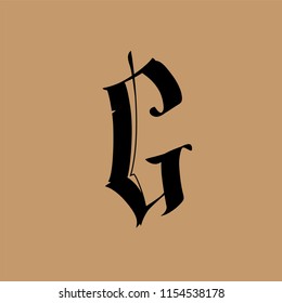 Letter G, in the Gothic style. Vector. Alphabet. The symbol is isolated on a golden background. Calligraphy and lettering. Medieval Latin letter. Logo for the company.  Elegant font for tattoo.