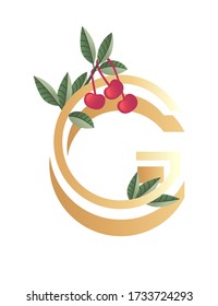 Letter G with gradient style beige color covered with green leaves and red berries eco font flat vector illustration isolated on white background