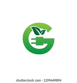 Letter G green eco energy logo. Letter G with leafs and power plug vector concept design