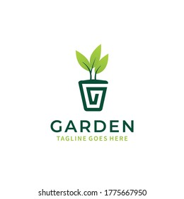 Letter G Green garden logo nature template with vase design