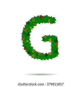 Letter G, green leaves vector alphabet.