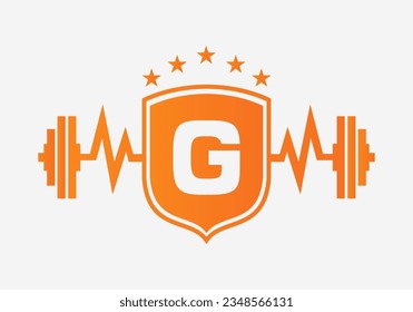 Letter G Gym Fitness Logo Design Concept With Barbell Shield and Start Icon. Bodybuild Gym Symbol