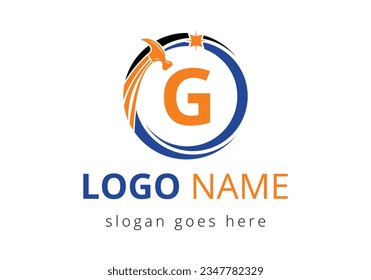 Logo des Buchstaben G Hammer Konzept für den Bau, Holzbearbeitungsunternehmen Reparatur Symbol Vektor Vorlage.  Modernes Vektorlogo für Bauunternehmen und Firmenidentität