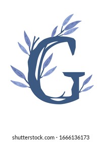 Letter G hand drawn tree branches with leaves botanical flowers floral hand drawn scandinavian style art design element flat vector illustration