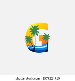 Letter G- Hawaii Palm Beach Logo icon.  Nature logo design concept palm tree and  sea wave  for initial letter G, surfing shop, sport, Tour and Travel.