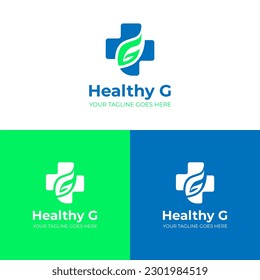 Letra G Diseño de vectores con logotipo sanitario en forma de hoja, logotipo de farmacia, logotipo de medicina, logotipo de salud