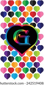 Letter G in the heart of the colorful hearts on a white background. Suitable for Modern Mobile Phone Wallpaper. 4k Mobile Wallpaper