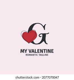 letra G con forma de corazón lindo estilo de doodle para una identidad de amante, marca de regalo de San Valentín y tienda de juguetes de chicas