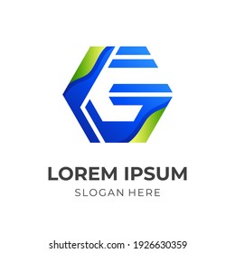 letter G hexagon logo template with 3d blue and green color style