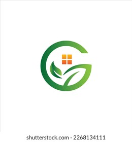 Logo de la hoja de la casa de la letra G, logotipo de la casa verde de la letra G, cuidado del hogar, casa lineal simple con el concepto del logo de la hoja, vector del logotipo del jardín, icono de la casa sombreada, ilustración del vector de vivienda, diseño del icono del hogar verde 