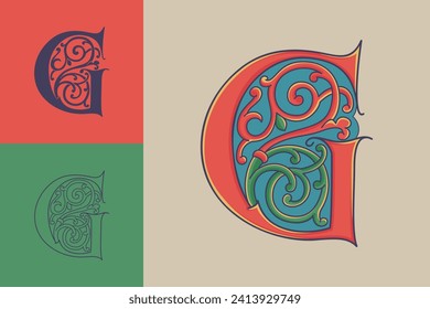 Letter G initial with trailing vines of thistle plant. Medieval blackletter drop cap based on Bohemian manuscript. Romanesque style dim colors illuminated emblem. Decorative wax seal monogram logo.