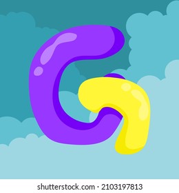 letter G initials Purple and yellow balloons are interlaced to form letters floating isolated on sky and clouds background, vector logo letter typography illustration.