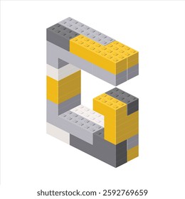 Letter G in isometric view assembled from plastic blocks. Vector