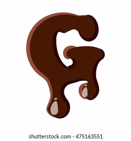 Letter G from latin alphabet with numbers and symbols made of dark melted chocolate