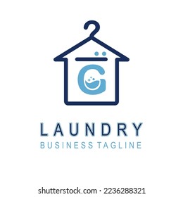 Letter G for Laundry Business Logo Design Idea Template with House and Hanger Icon. Dry Cleaning Clothes Wash Machine