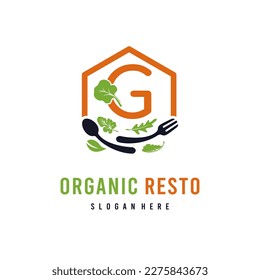 Carta G con legumbres de hoja para alimentos veganos orgánicos y plantilla de ideas con logotipo comercial Resto