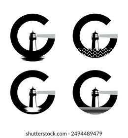 Letter G with a lighthouse in the middle pretending to be in the sea