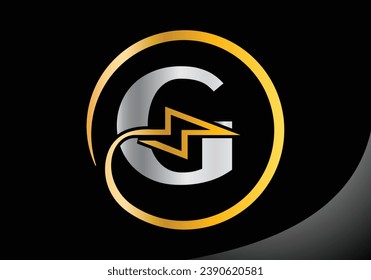 Letra G con plantilla de vectores de diseño con logotipo de perno de iluminación.
