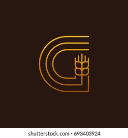 Letter G Line style logotype with wheat, rice organic grain products and healthy food vector illustration