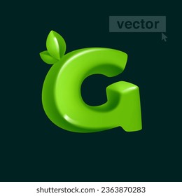 Letter G logo 3D render in cartoon cubic style with green leaves. Eco-friendly vector illustration. Impossible isometric shapes. Perfect for nature banner, healthy food labels, garden, and grass adv.