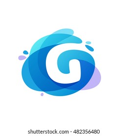 Letter G logo at blue water splash background. Vector ecology elements for posters, t-shirts, ecology presentation or card.