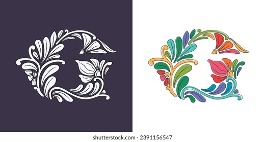 Letter G logo with botanical and flower pattern. Traditional leaves and curved lines embroidery ornament. Icon for wedding ceremony, vintage greeting cards, birthday identity and party invitations.