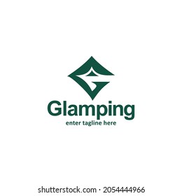 logotipo de letra G con símbolo de tienda de campaña, tendencia del logotipo de glamping.