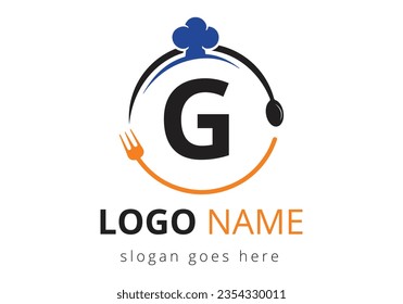 Letter G Logo With Chef Hat, Spoon And Fork For Restaurant Logo. Modern vector logo for café, restaurant, cooking business, and company identity