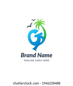 Letter G logo combined with coconut tree and bird icon design vector illustration isolated in white background.