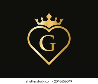 Letter G Logo With Crown and Love Shape. Heart Letter G Logo Design, Gold, Beauty, Fashion, Cosmetics Business, Spa, Salons, And Yoga Vector Luxury Concept Template