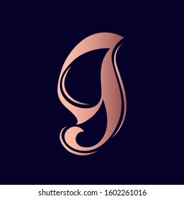 Letter G logo with decorative elements.Ornamental lettering sign.Royal shiny pink metallic alphabet initial icon isolated on dark background.Elegant,luxury,antique style character shape.