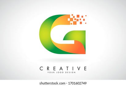 Letter G Logo Design in Bright Colors with Shattered Small blocks on white background.  Vector Illustration Design. Pixel art of the G letter logo. 
