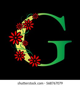 Letter G Logo Design Concept with Red Flowers Isolated on Black Background