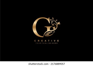 letter G logo design with flowers, leaves and golden feathers in a beautiful and elegant style. monogram G. typography G. initial G logo. suitable for, business, wedding, boutique, company, hotel, etc