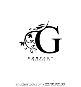 letter G logo design with flowers, leaves and black feathers in a beautiful and elegant style. monogram G. typography G. initial G logo. suitable for, business, wedding, boutique, company, hotel, etc