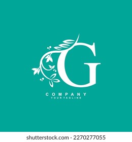 letter G logo design with flowers, leaves and white feathers with a beautiful and elegant style. monogram G. typography G. initial G logo. suitable for beauty, business, spa, salon, wedding, boutique