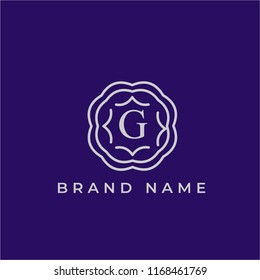 letter G logo design template. Alphabet label sign. Linear lettering calligraphy emblem with ornamental frame. Luxury linear creative monogram. vector illustration