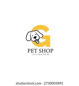 Letra G logotipo com uma cara de cachorro. Ícone de Alfabeto G Pet