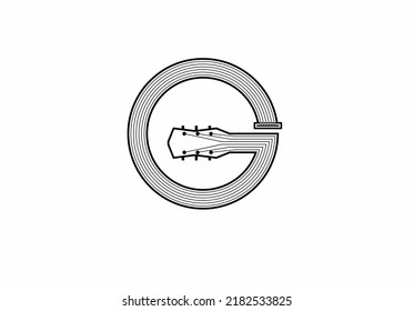 letter g logo with guitar head and six guitar strings