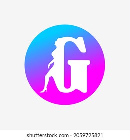 letter g logo, letter icon and walking woman in blue pink dots. creative logo icon