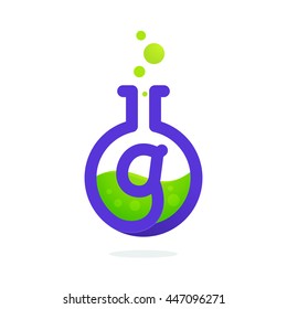 Letter G logo in laboratory beaker. Vector elements for science, biology, physics or chemistry design.