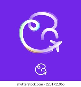 Logo de la letra G hecho de una línea de gradiente con icono del plano y brillo del arco iris. Emblema multicolor superpuesto. Ideal para aplicaciones de viajes coloridas, diseño de entregas, publicidad de aviación, identidad de vuelo.
