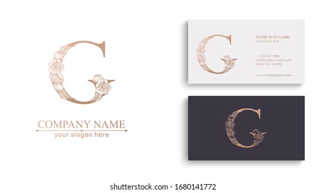 Letter G logo or monogram. For your business. Vector sign. Floral style, beautiful roses. Personal logo.